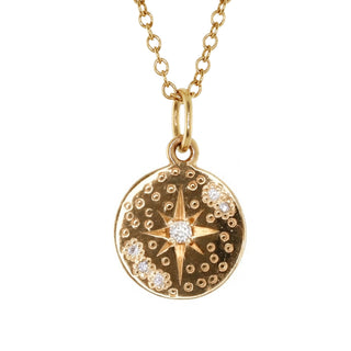 14kt gold and diamond starburst hammered mini disk necklace