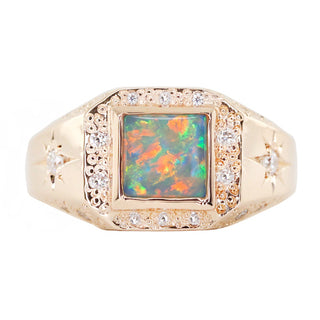 14kt gold and diamond opal stardust signet ring