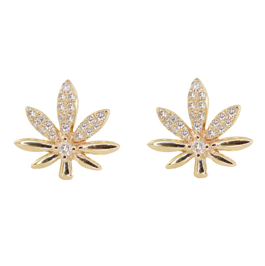 14kt gold diamond sweet leaf studs