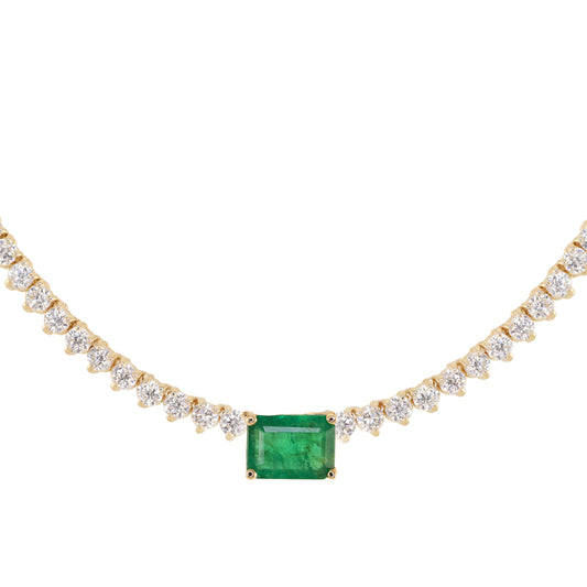 14kt gold and diamond tulip solitaire emerald tennis necklace