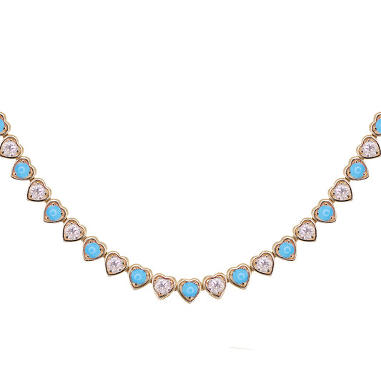 14kt gold turquoise and diamond heart bezel tennis necklace