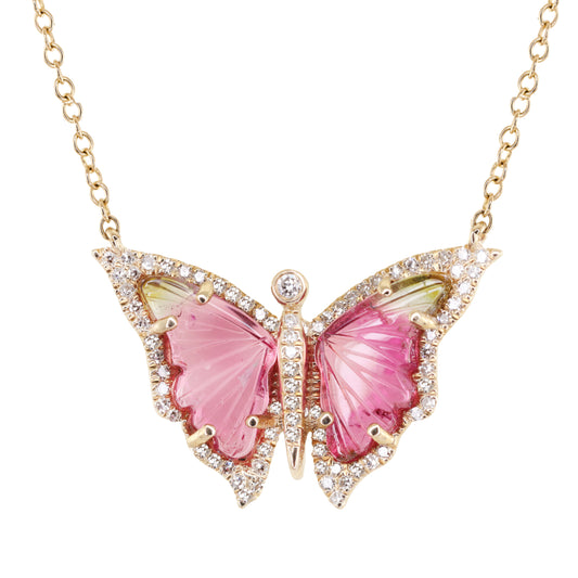 14kt gold diamond baby watermelon tourmaline butterfly necklace