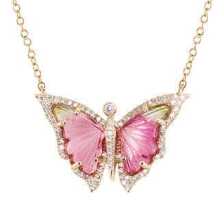 14kt gold diamond watermelon tourmaline butterfly necklace