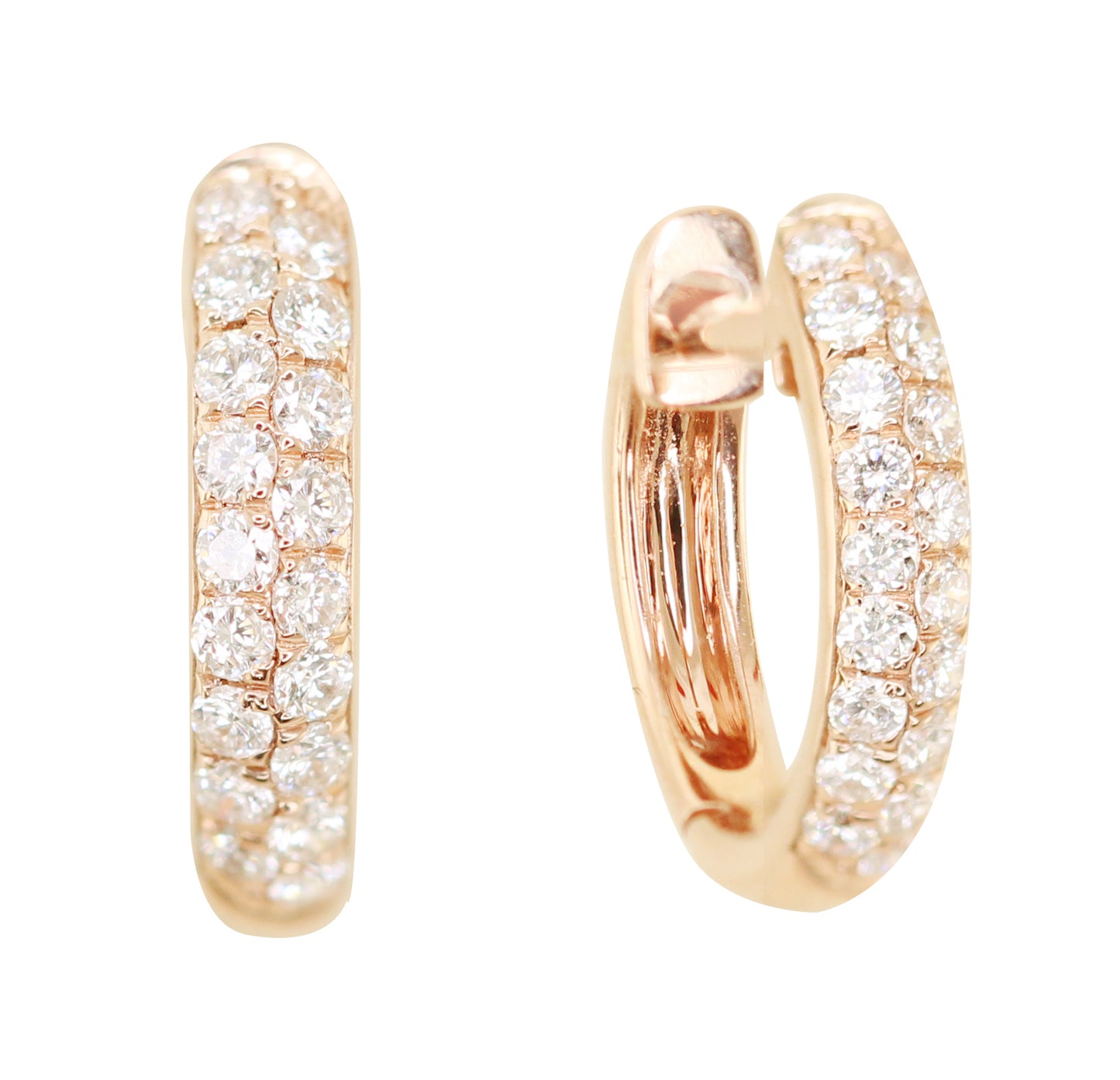 14kt gold and diamond wide two row rounded hoops