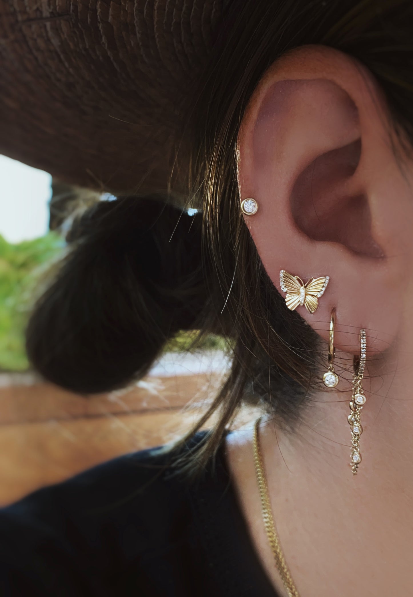 14kt gold and diamond bezel drip hoop earrings