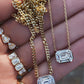 14kt gold illusion emerald cut diamond bezel necklace on flat link chain