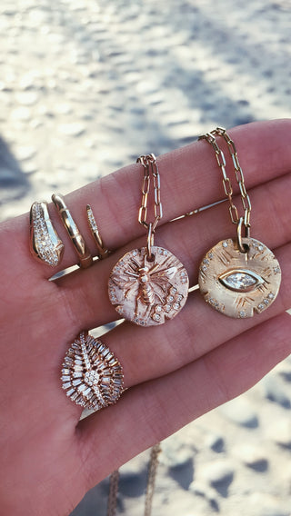 14kt gold and diamond honey bee coin necklace