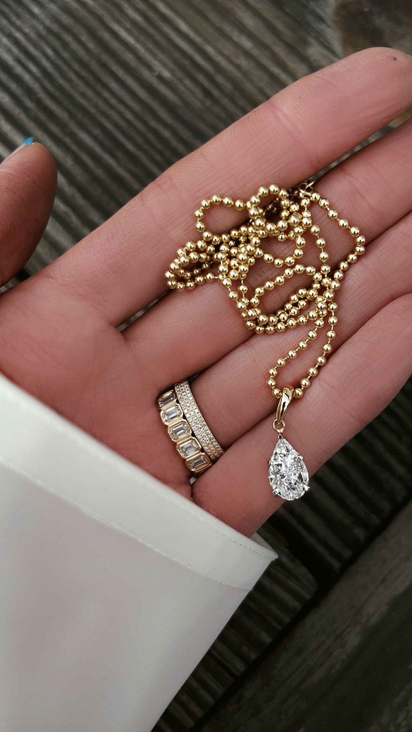 14kt gold illusion teardrop diamond necklace on ball chain