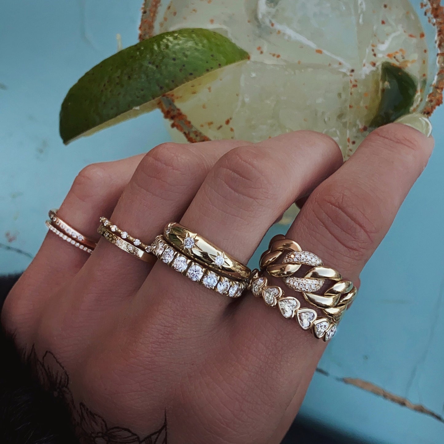 14kt gold heart diamond bezel band