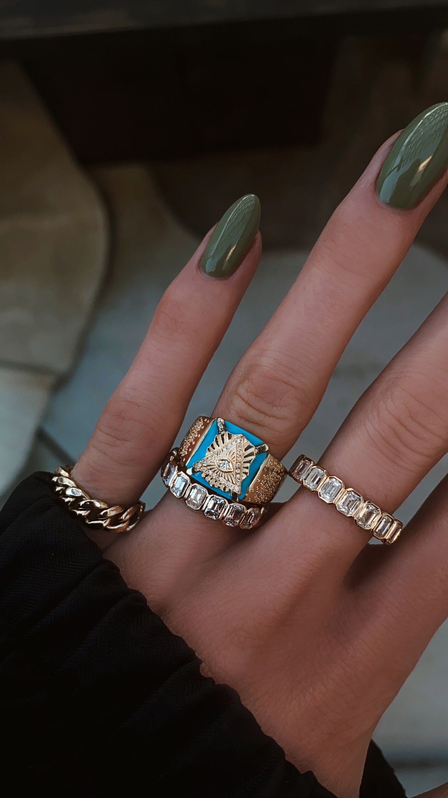 14kt gold diamond and turquoise pyramid eye ring