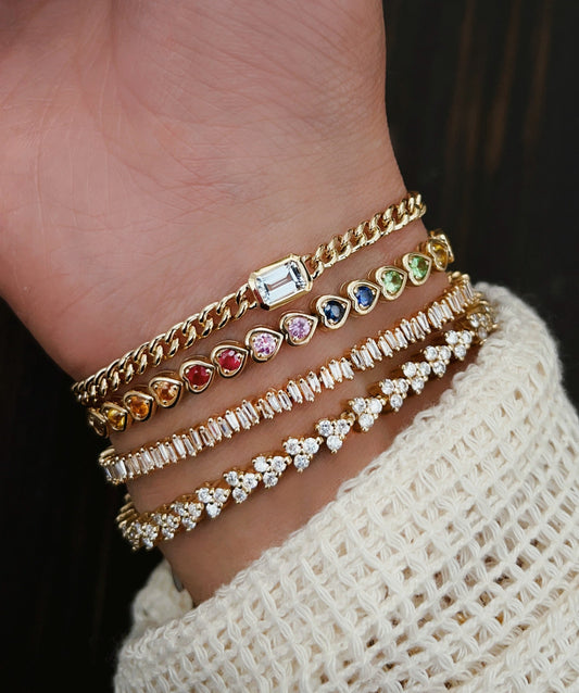 14kt yellow gold rainbow sapphire heart bezel tennis bracelet