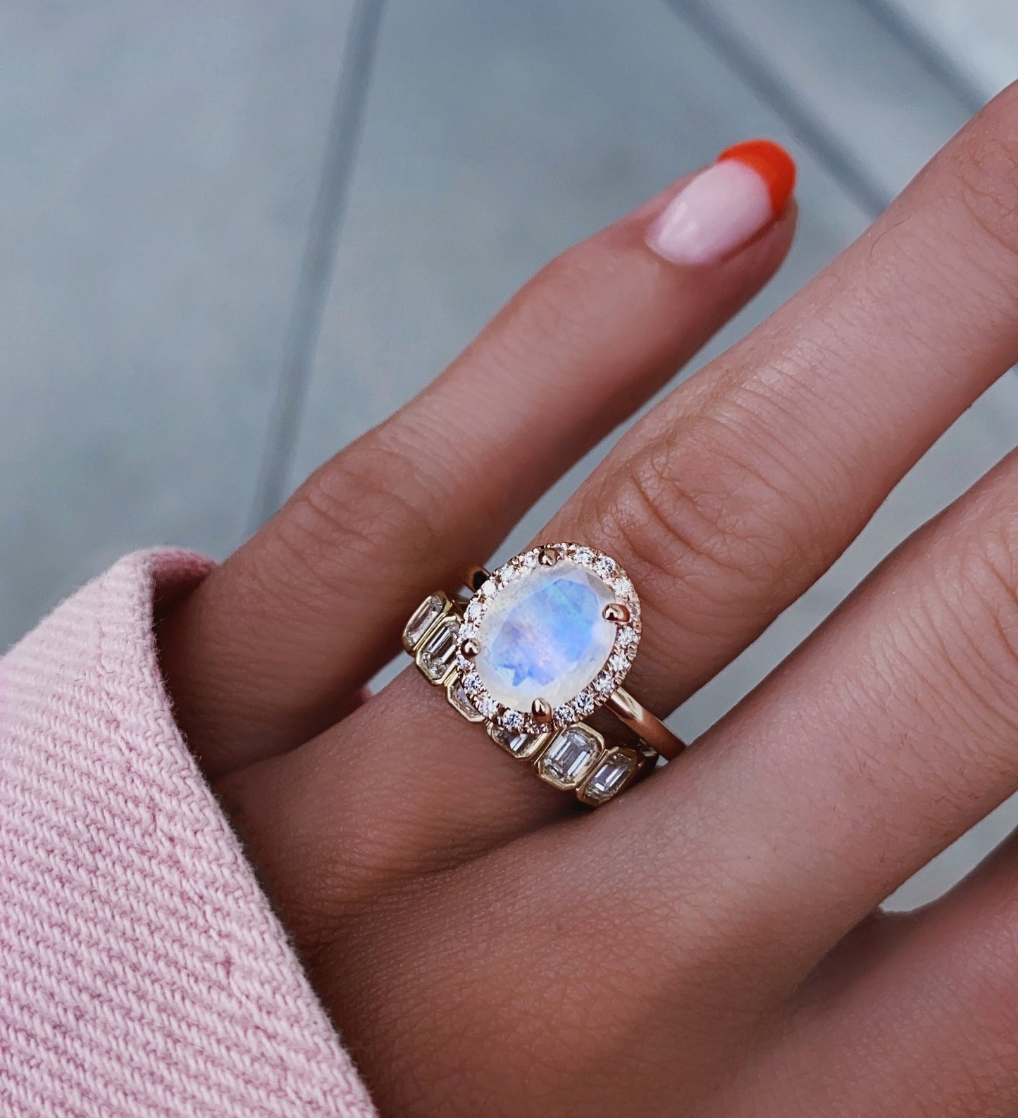 14kt gold and diamond solitaire moonstone ring with halo