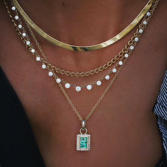 14kt gold baguette diamond emerald charm necklace