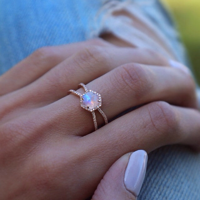 14kt gold and diamond Double Band Moonstone Hex ring