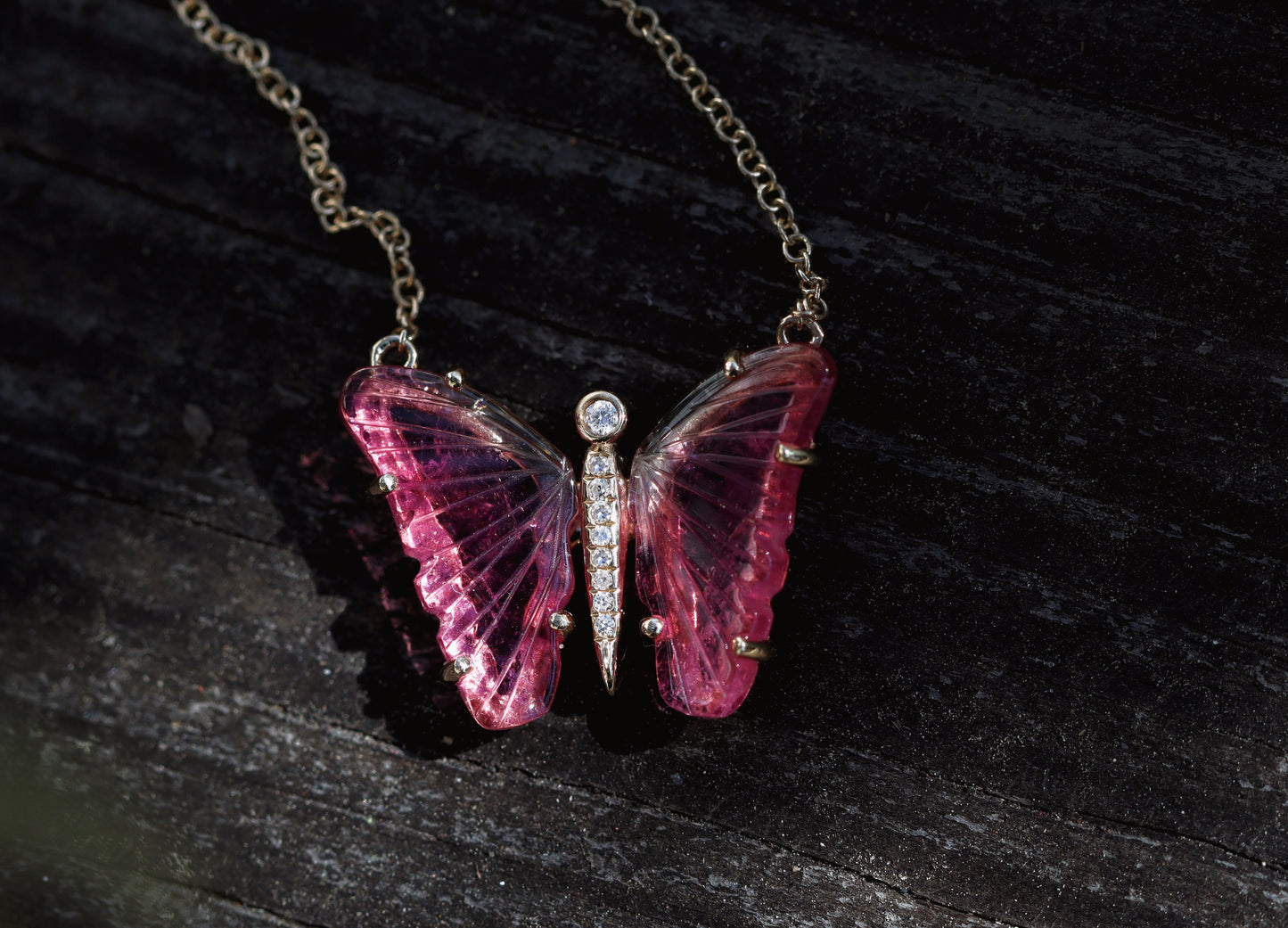 14kt gold and diamond pink tourmaline baby butterfly necklace