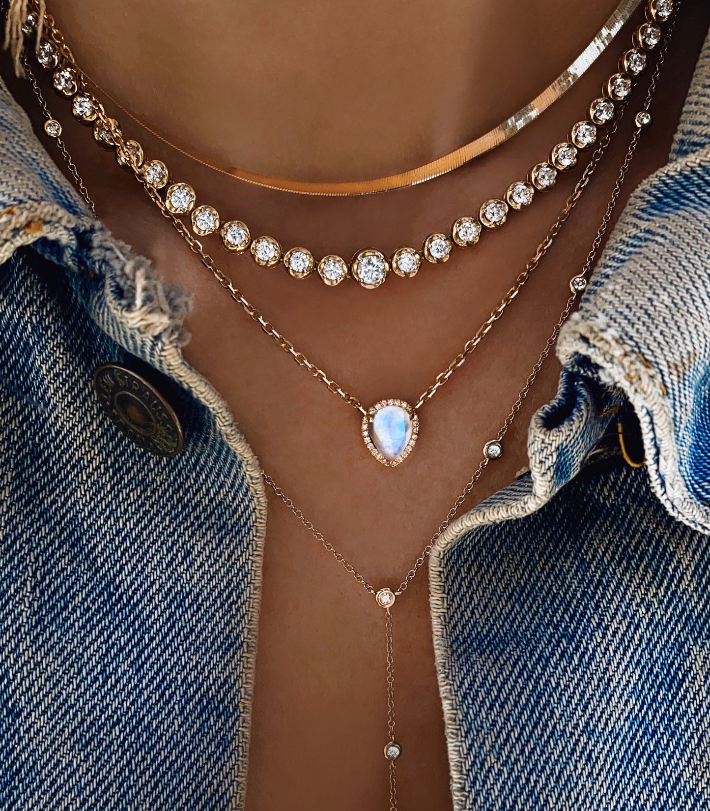 14kt gold and diamond chain link teardrop moonstone necklace