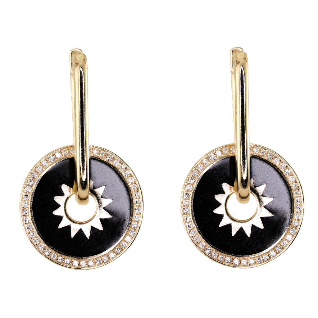 14kt gold and diamond black enamel burst disk earring