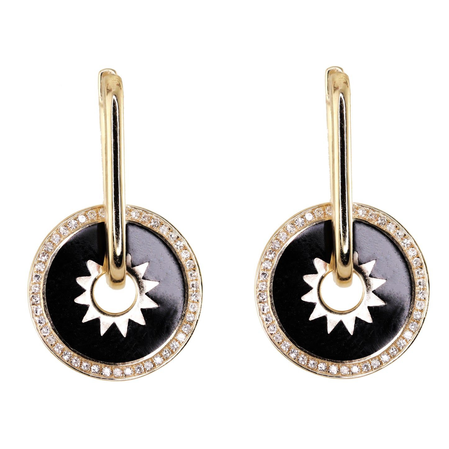 14kt gold and diamond black enamel burst disk earring