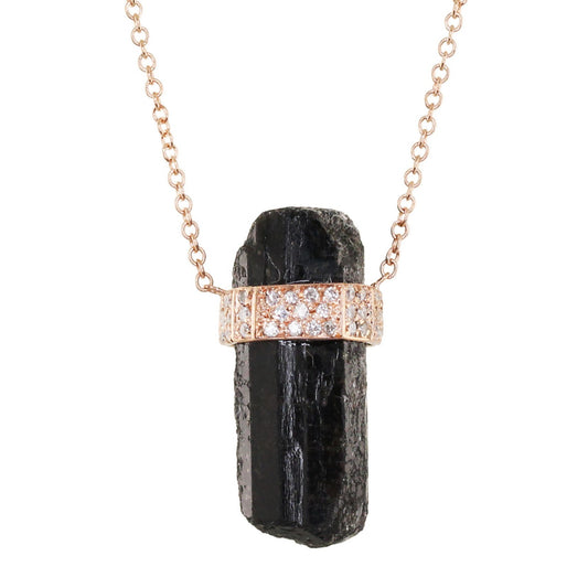 14kt rose gold and three diamond row black tourmaline crystal bar necklace - Luna Skye