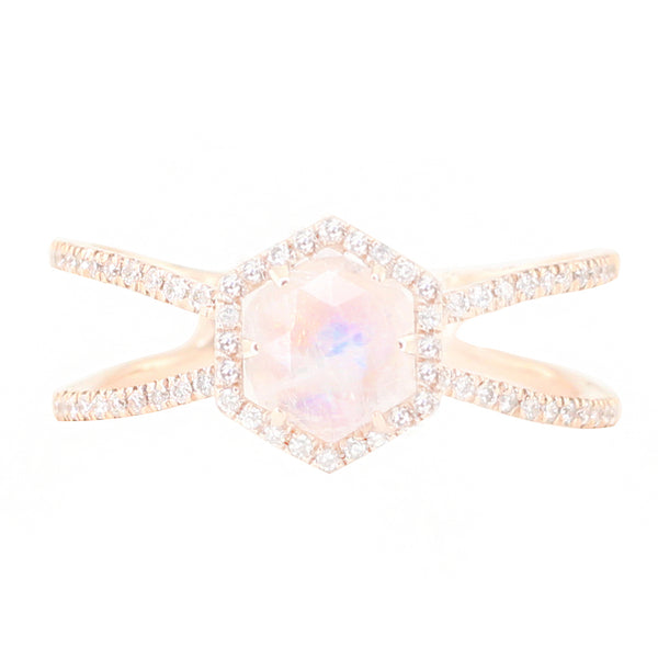 14kt gold and diamond Double Band Moonstone Hex ring | Luna Skye