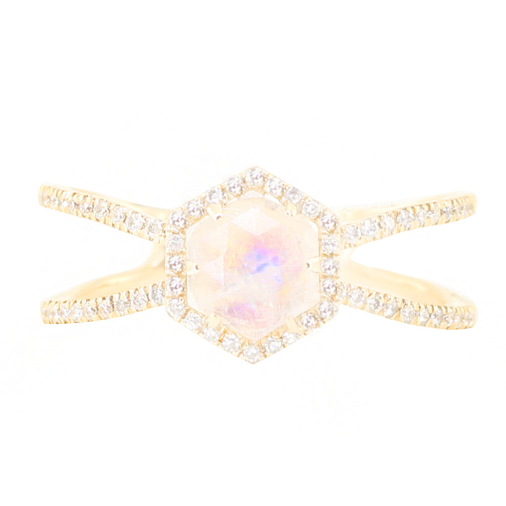 14kt gold and diamond Double Band Moonstone Hex ring