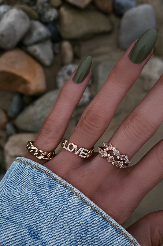 14kt gold and diamond love chain ring