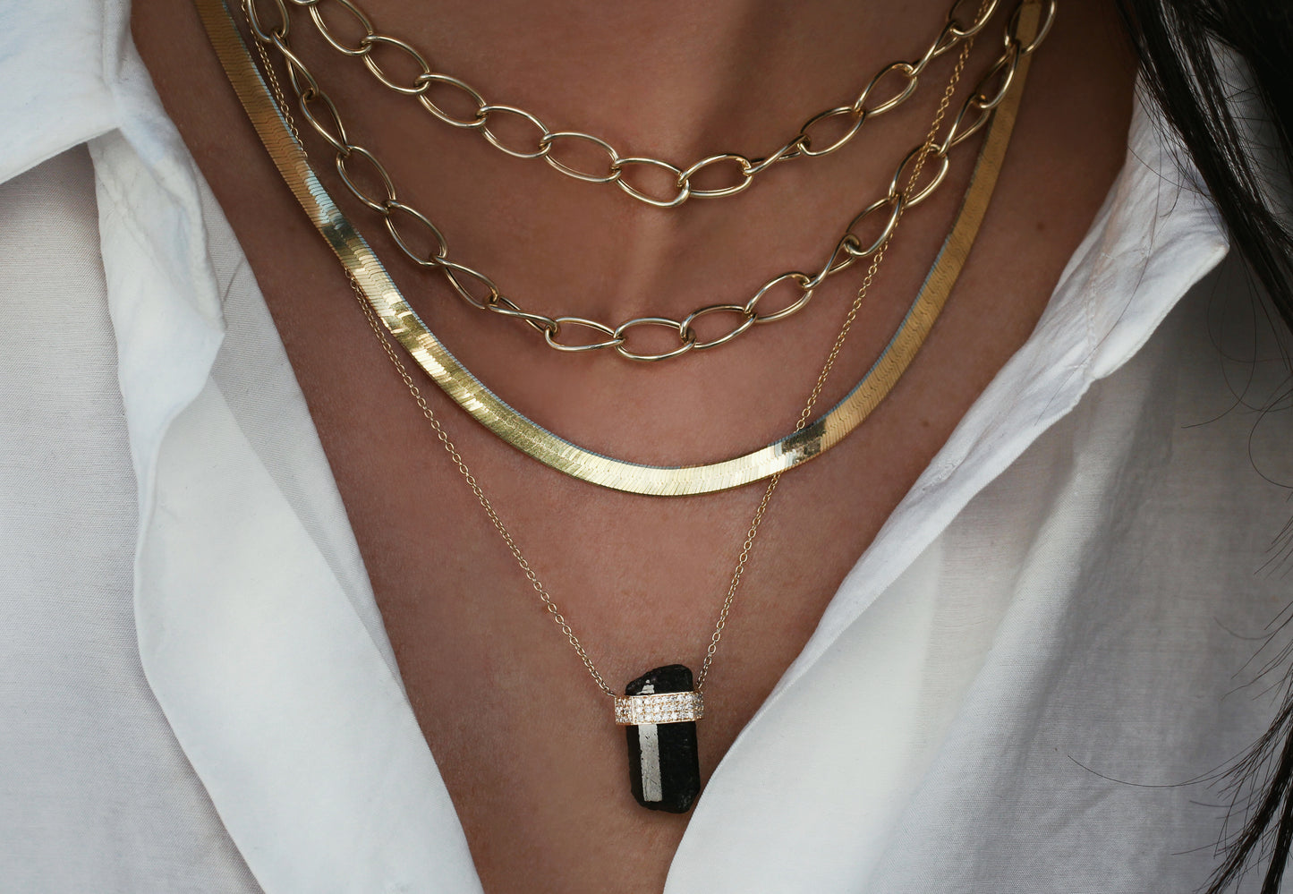 14kt gold and three diamond row black tourmaline crystal bar necklace