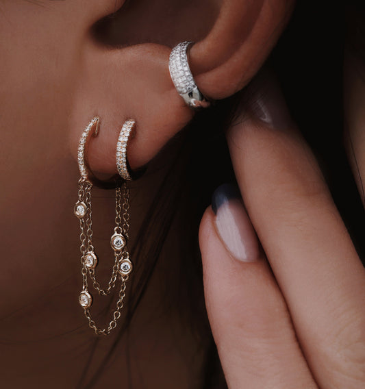 14kt gold and diamond bezel drip hoop earrings
