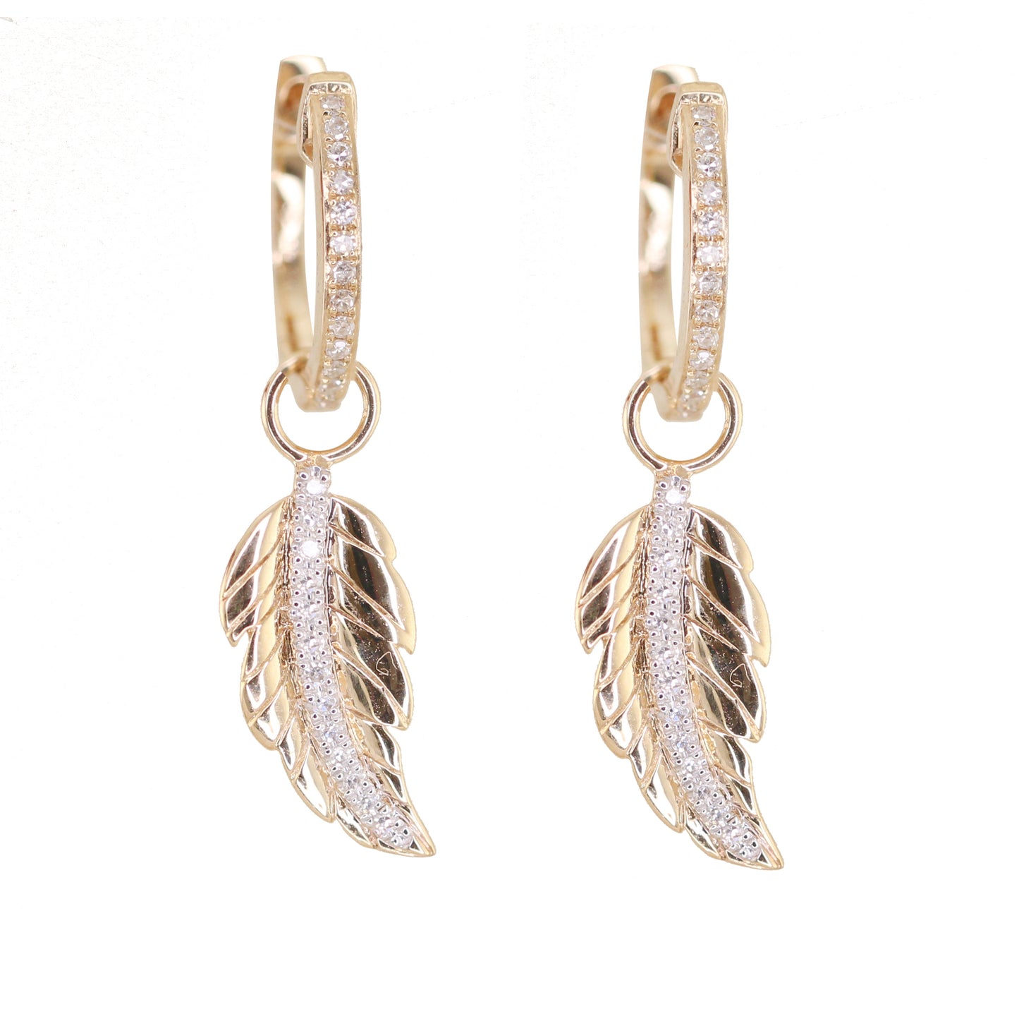 14kt gold and diamond feather charm hoop earring