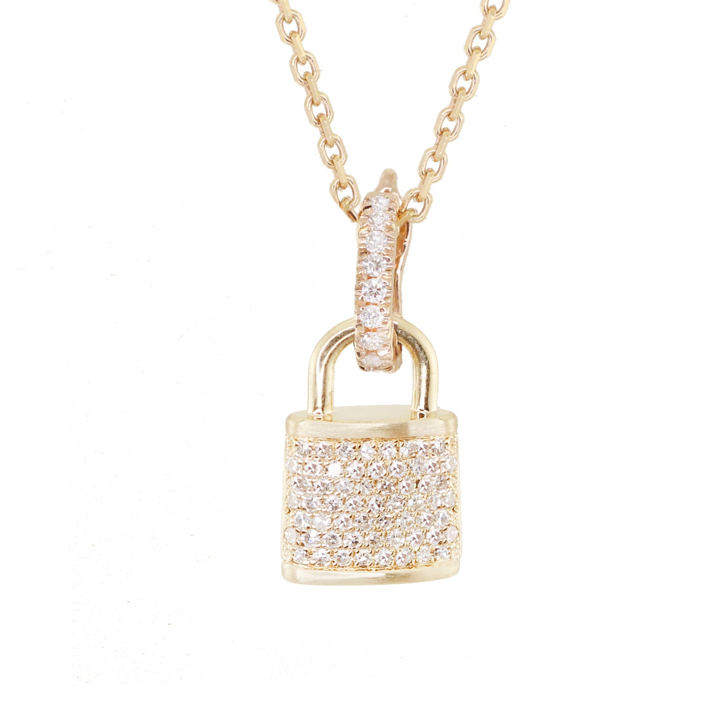 14kt Gold Full Diamond Love Lock Necklace on Paperclip Chain Rose Gold