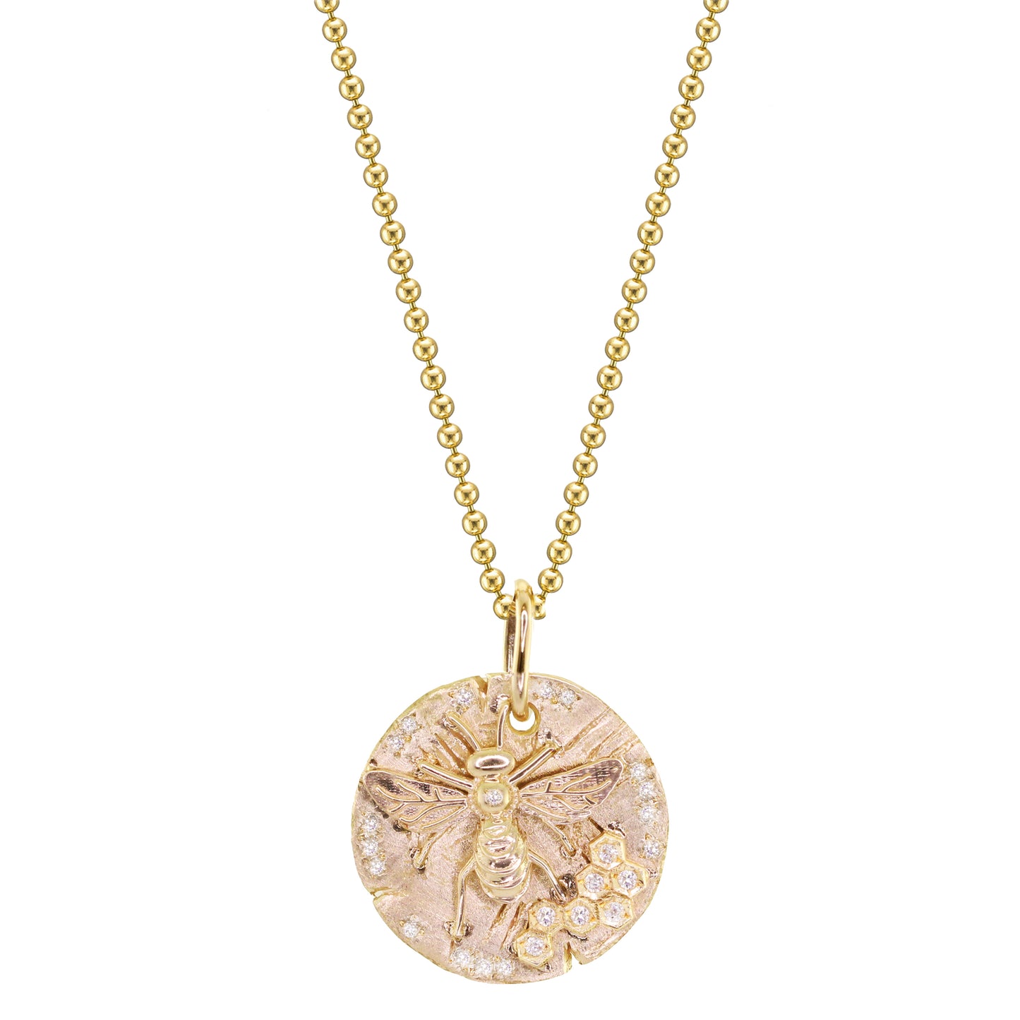 14kt gold and diamond honey bee coin necklace