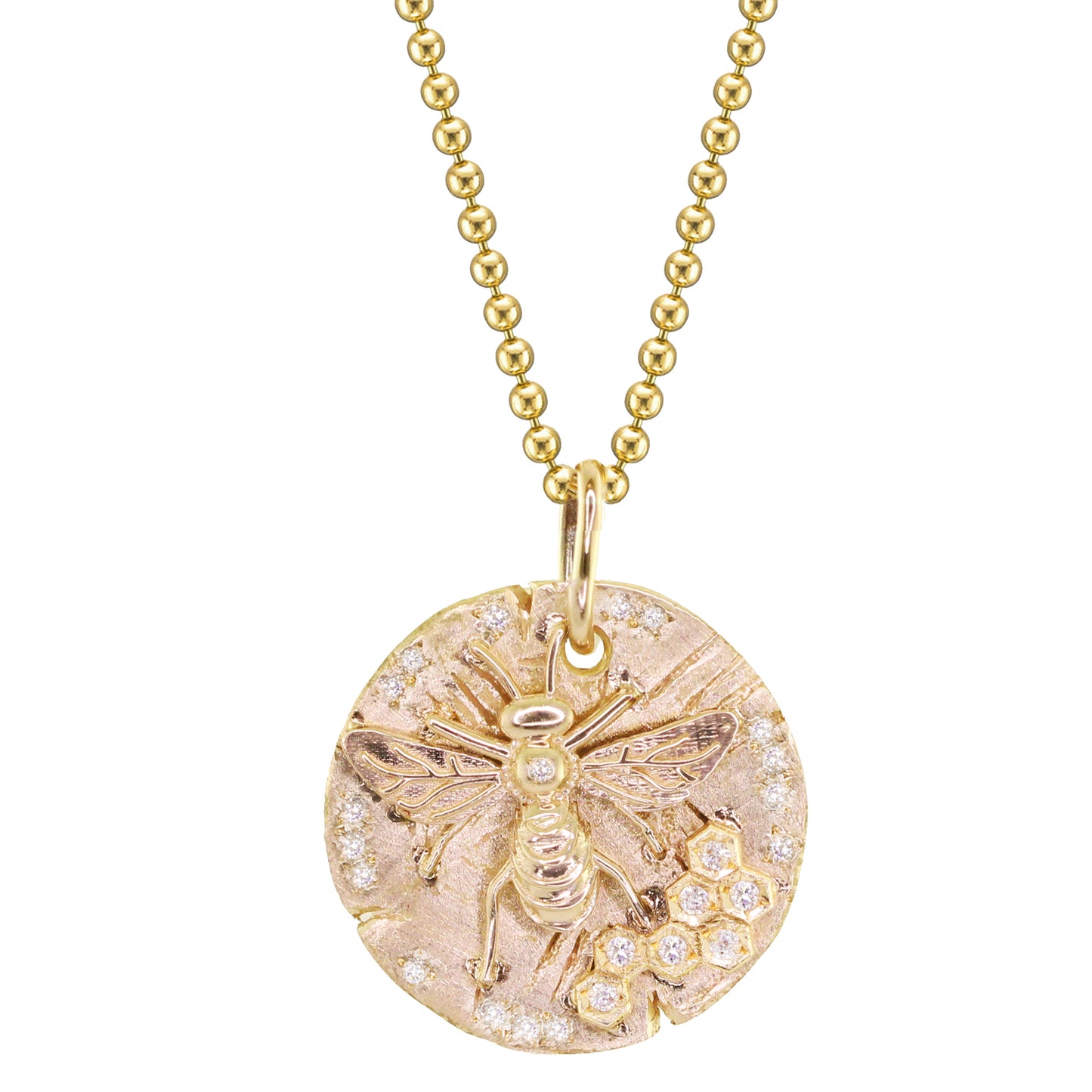 14kt gold and diamond honey bee coin necklace