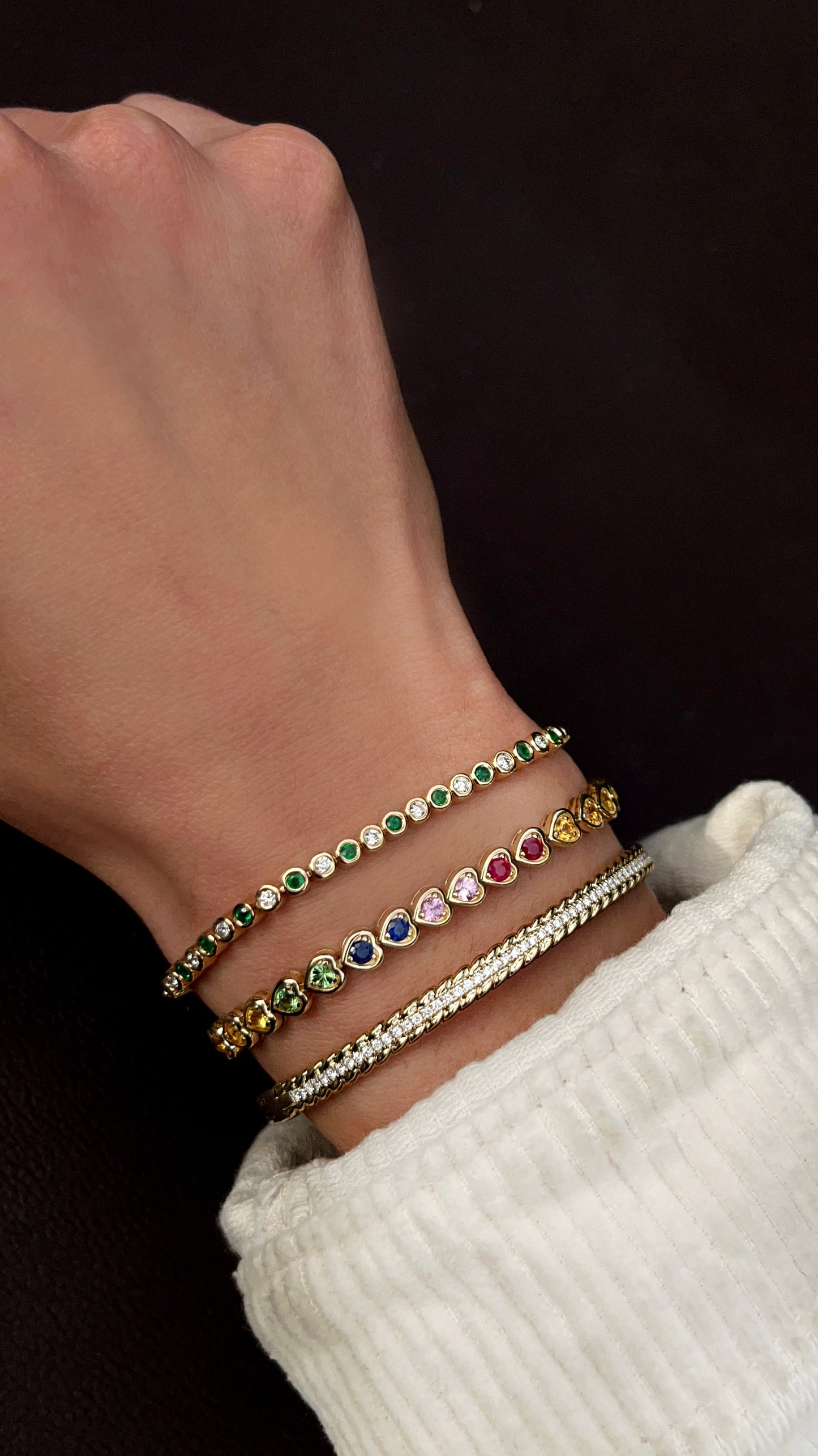 14kt gold rainbow sapphire heart bezel tennis bracelet