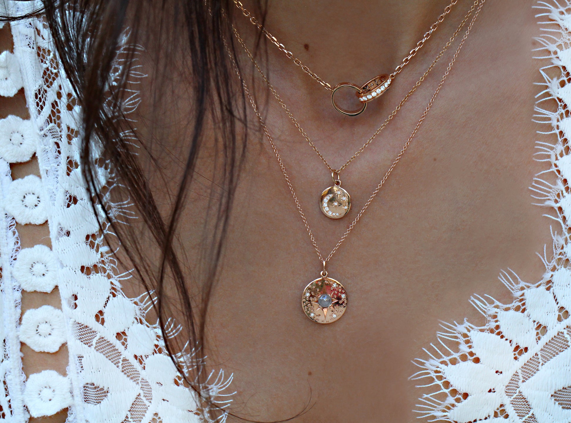14kt gold diamond star and moon mini disk necklace - Luna Skye