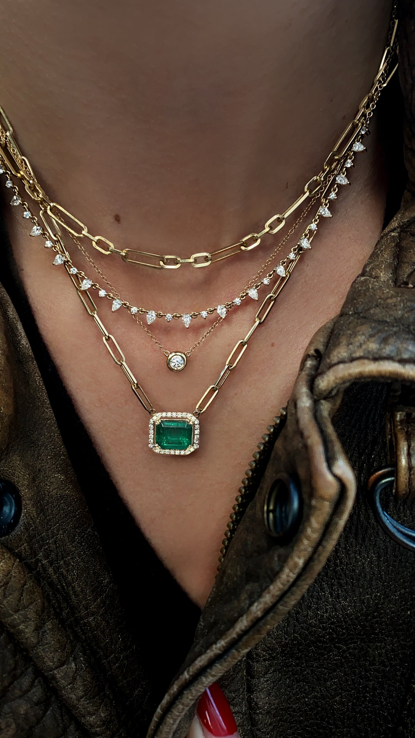 14kt gold and diamond emerald cut emerald necklace