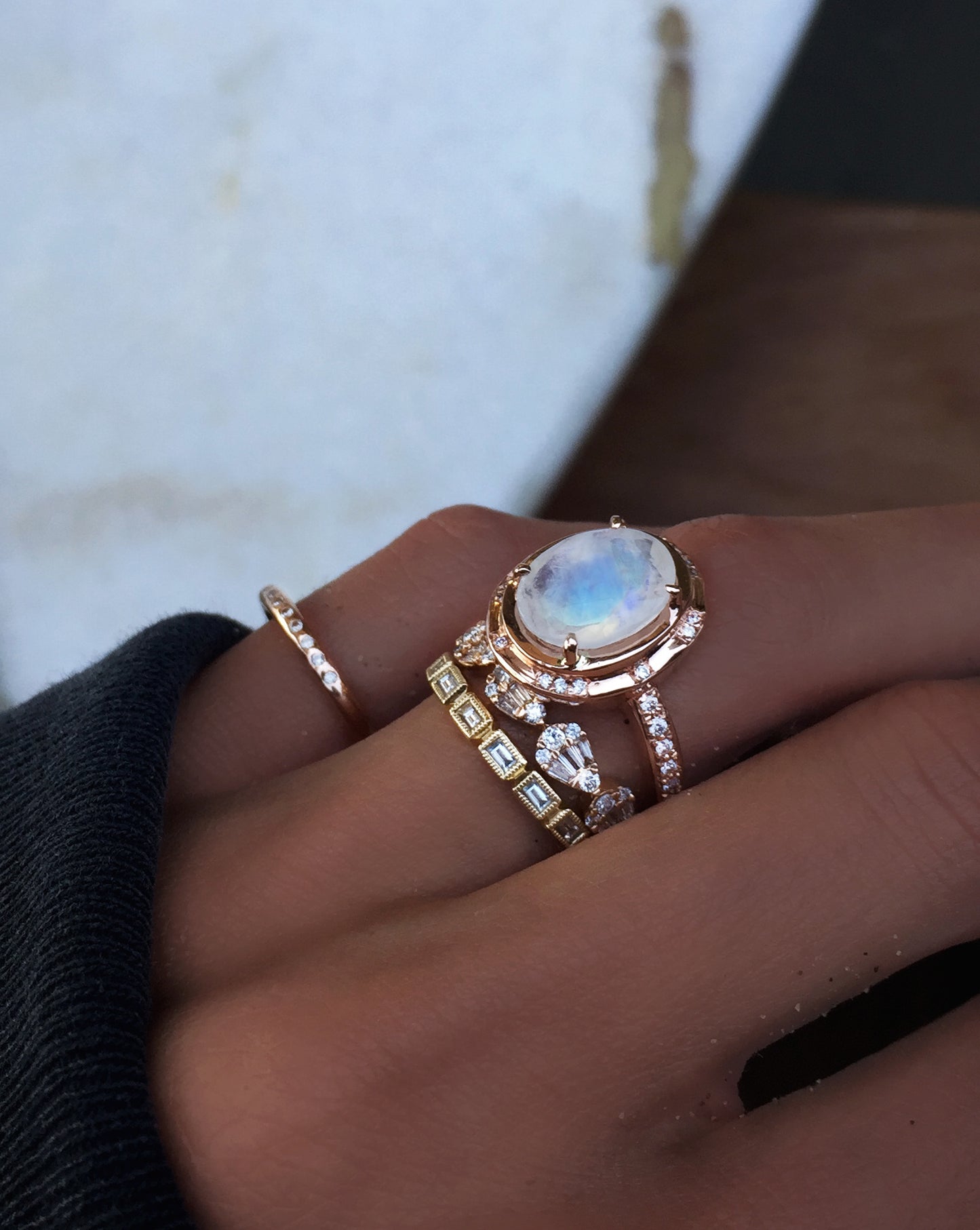 14kt gold and diamond oval bezel moonstone ring - Luna Skye