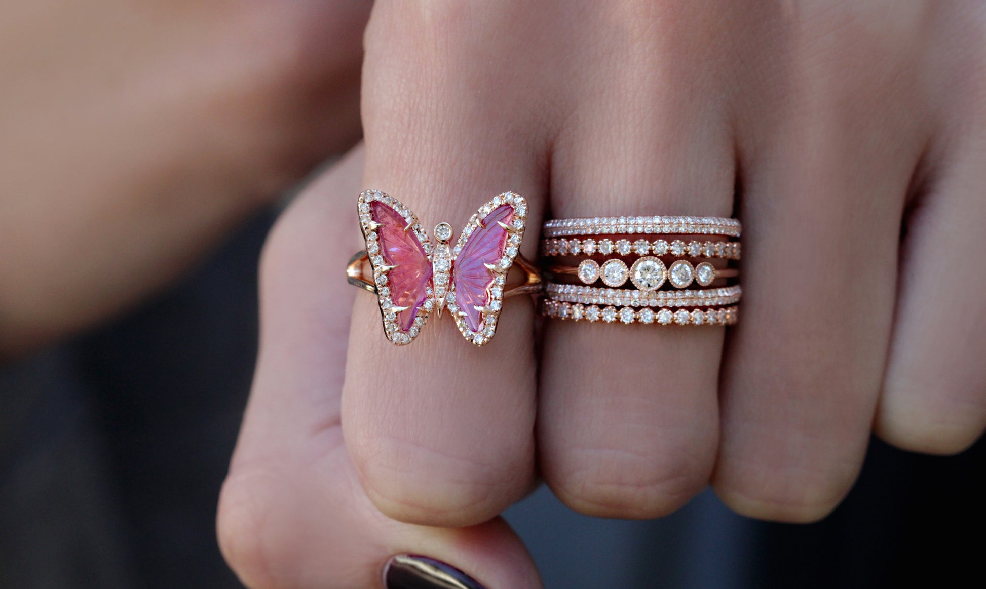 14kt Gold and Diamond Pink Tourmaline Butterfly Ring White Gold / 7