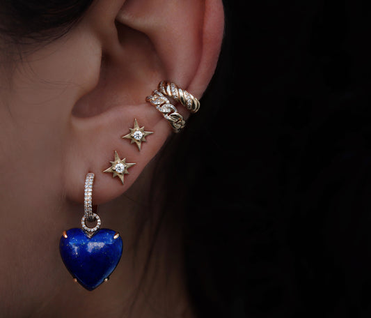 NEW! 14kt gold and diamond heart lapis hoop charm earrings