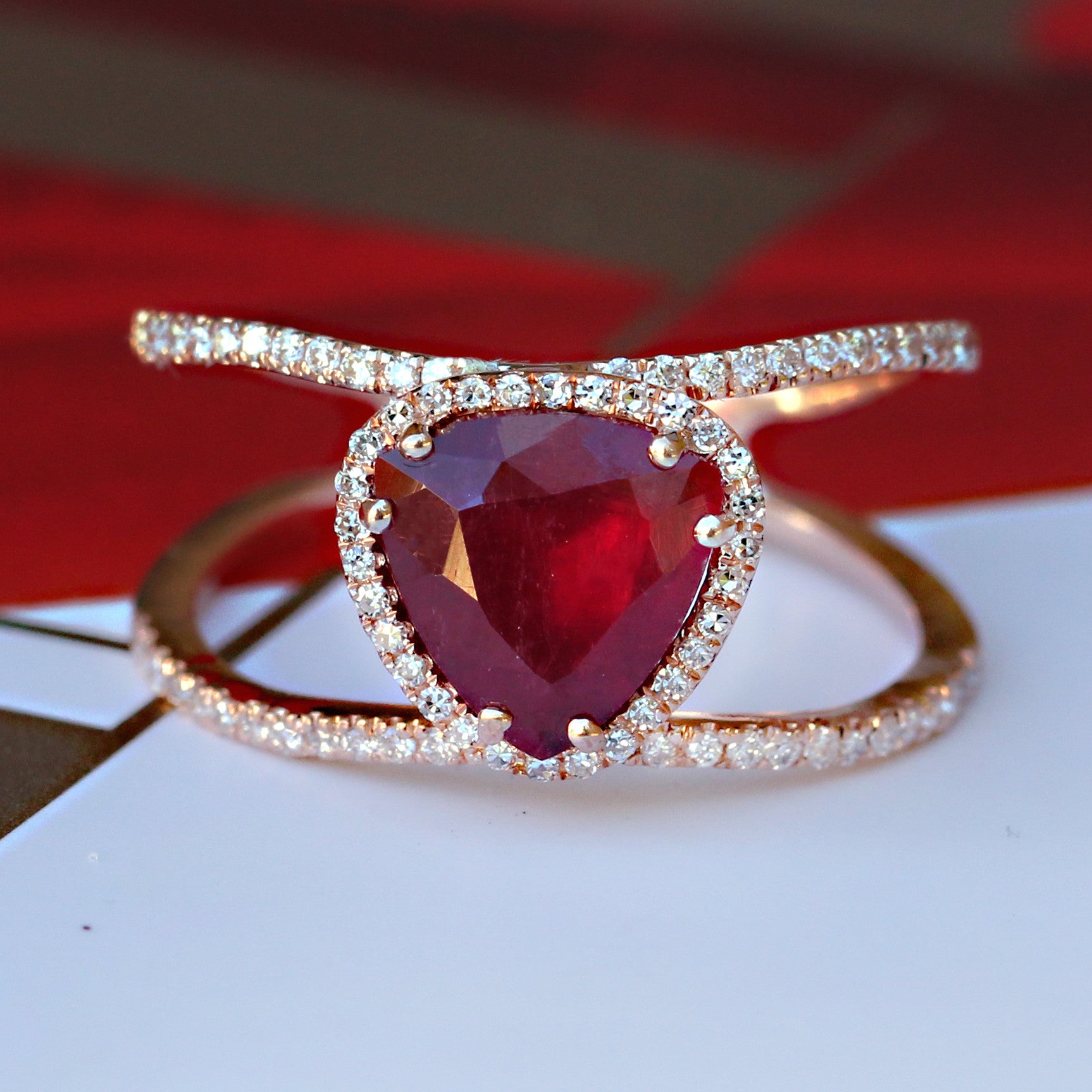 14kt gold and diamond Petite Triangle Double Band Ruby ring - Luna Skye