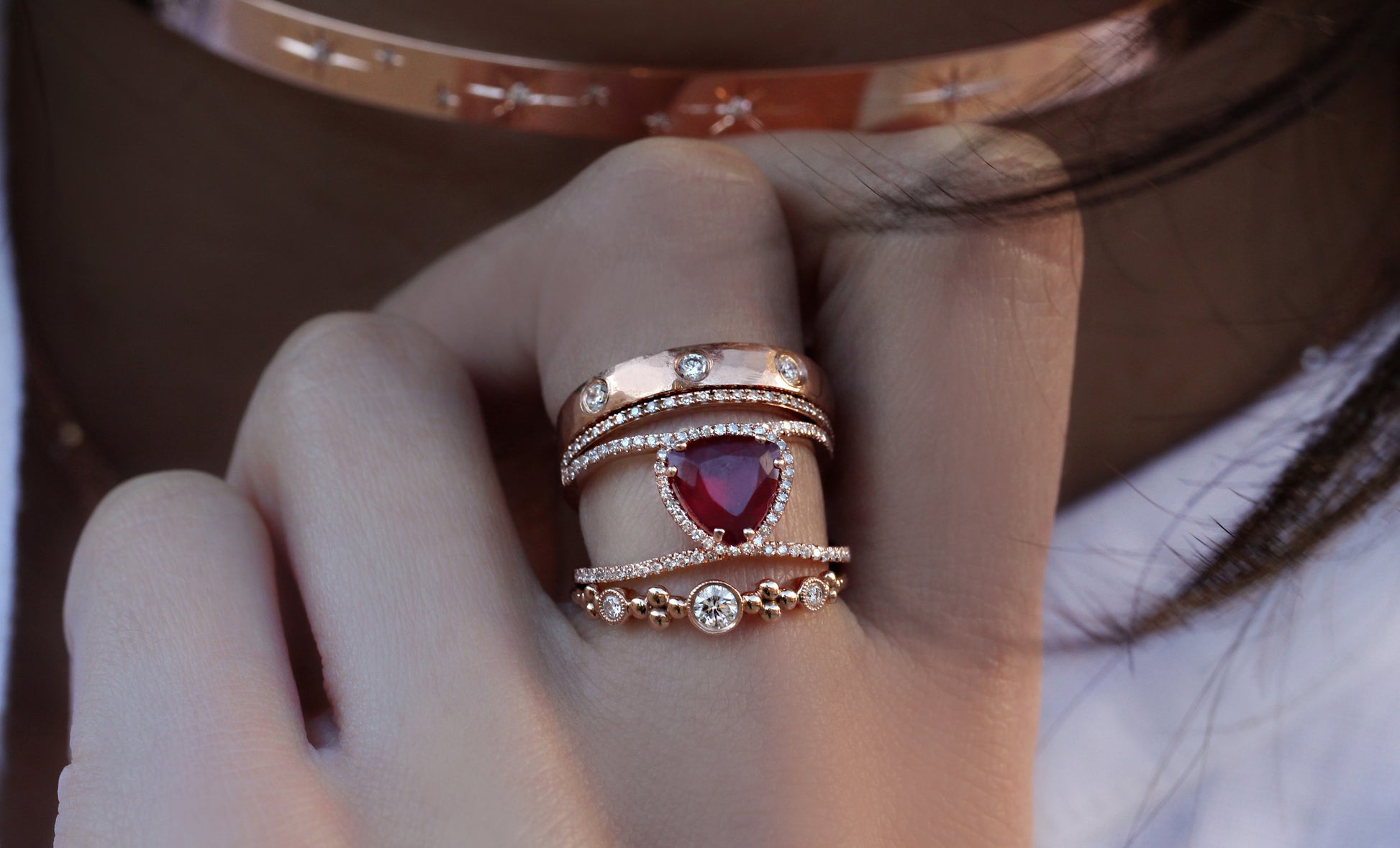 14kt gold and diamond Petite Triangle Double Band Ruby ring - Luna Skye
