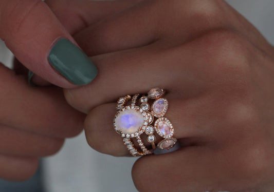 14kt gold and diamond solitaire moonstone eternity ring with halo - Luna Skye