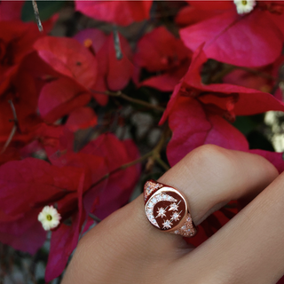14kt gold white diamond star and moon vintage signet ring - Luna Skye