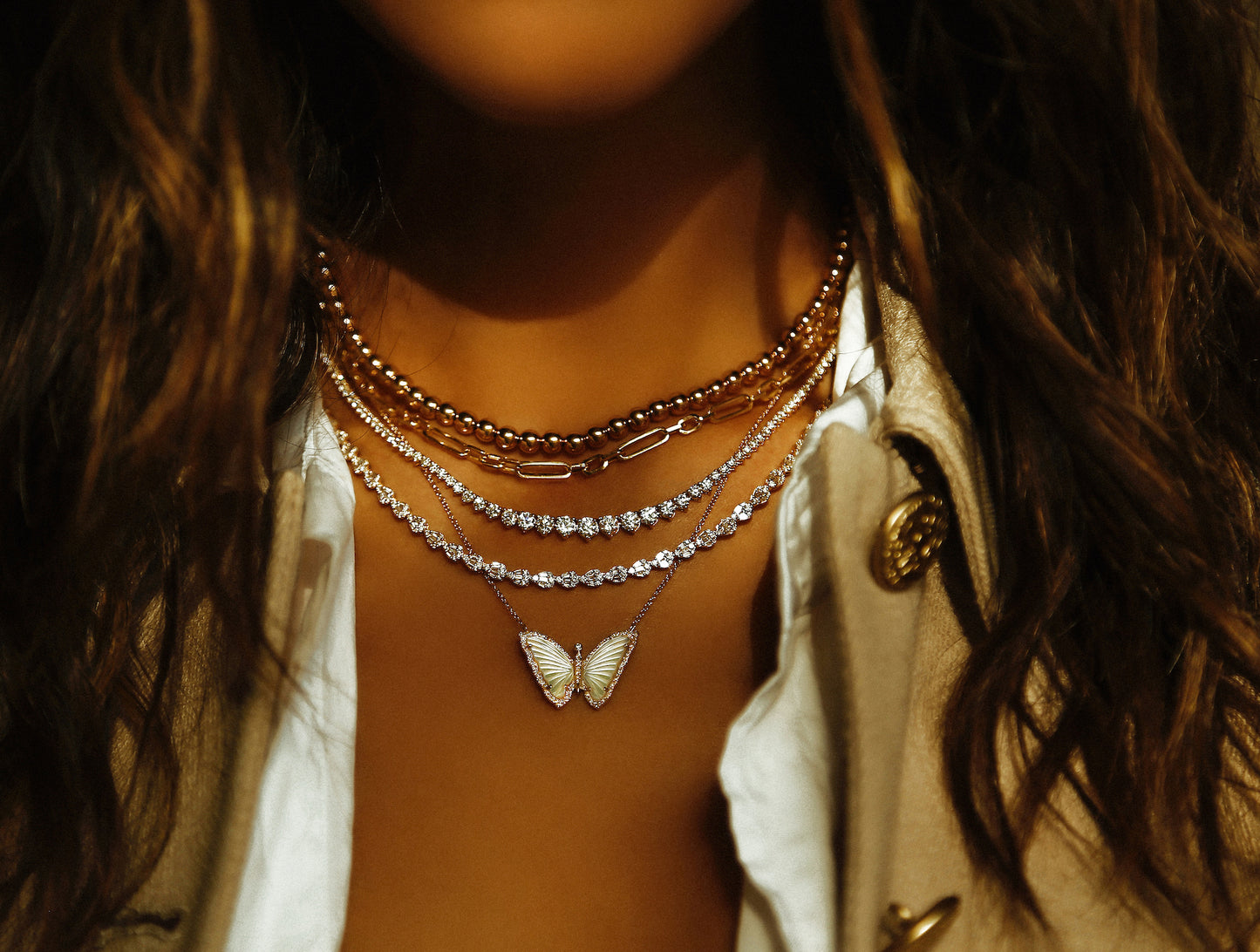 14kt gold and diamond white mother of pearl baby butterfly necklace