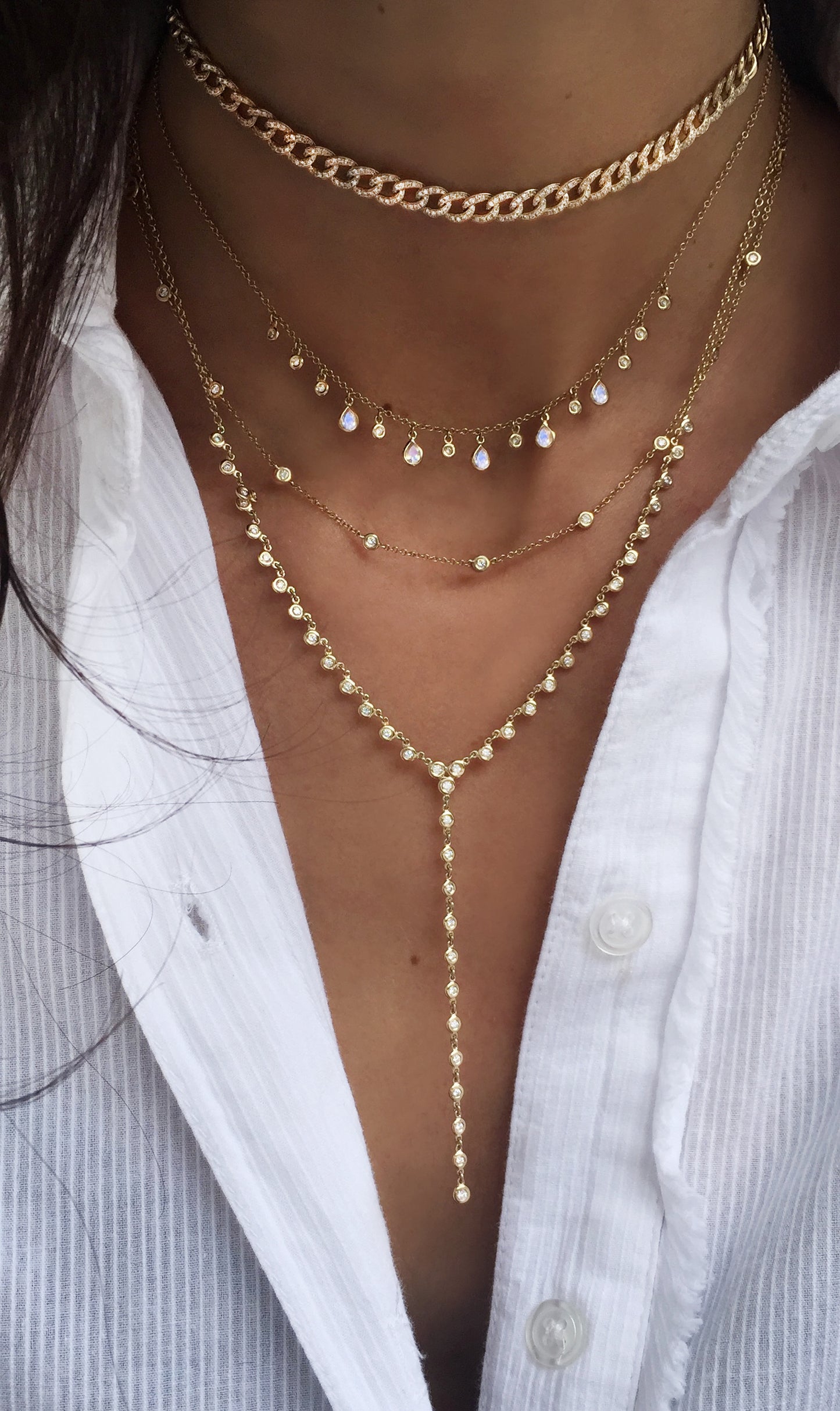 14kt gold full diamond bezel lariat necklace - Luna Skye