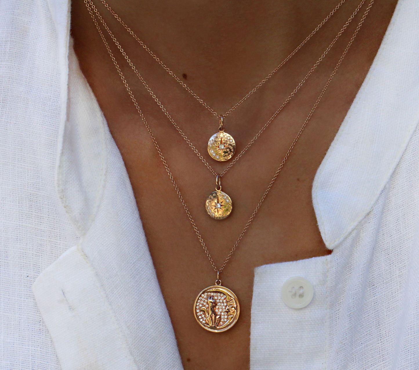 14kt gold and diamond starburst hammered mini disk necklace - Luna Skye