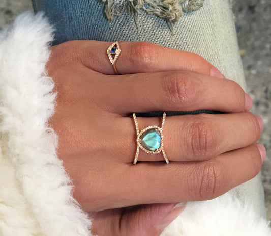 14kt gold and diamond Petite Triangle Double Band Labradorite ring - Luna Skye