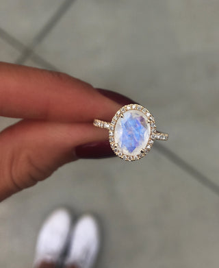 14kt gold and diamond solitaire moonstone eternity ring with halo - Luna Skye