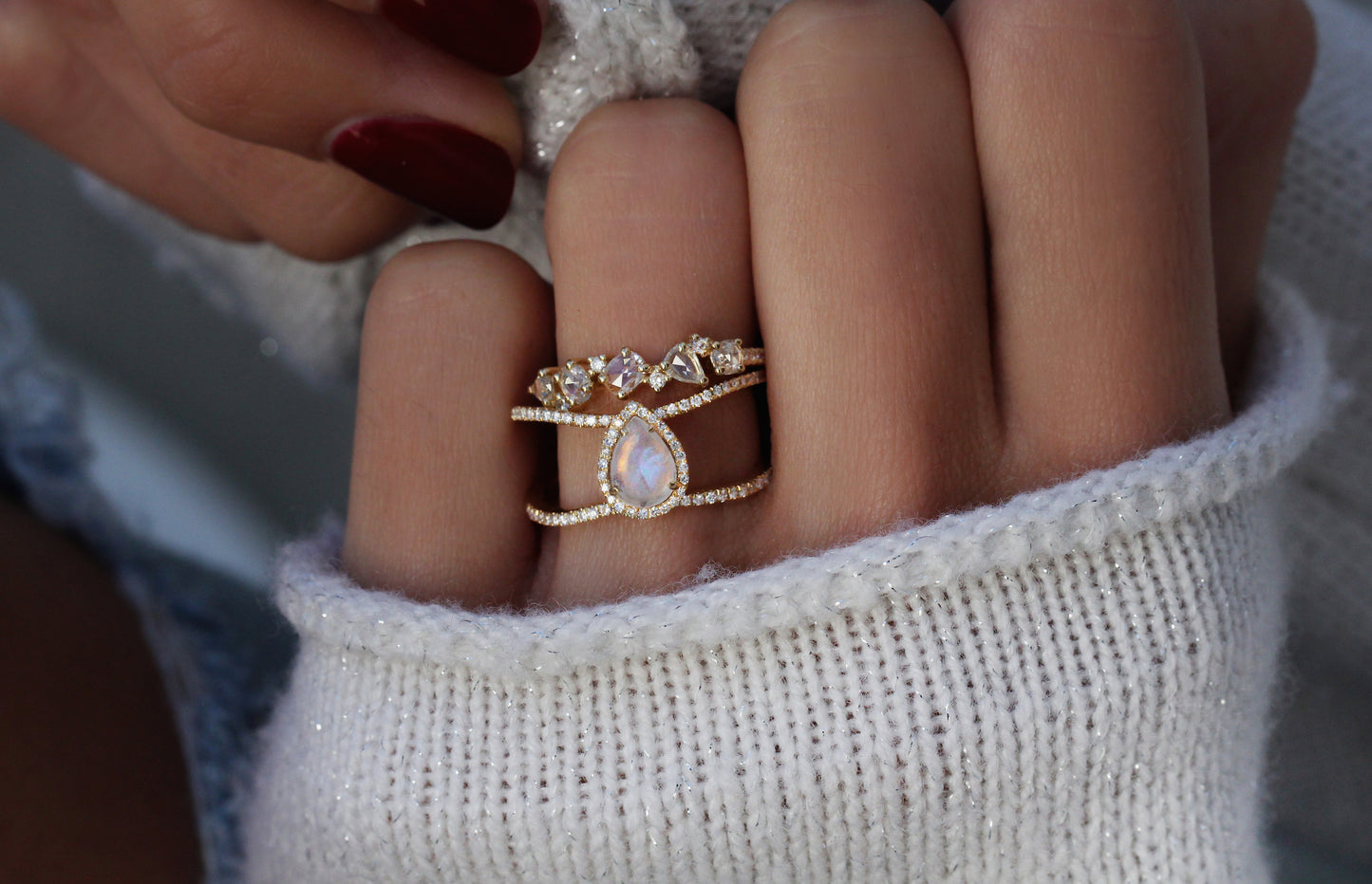 14kt gold and diamond Double Band Teardrop Moonstone ring - Luna Skye