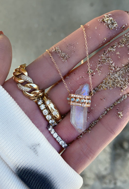 14kt gold and diamond opal quartz crystal bar necklace
