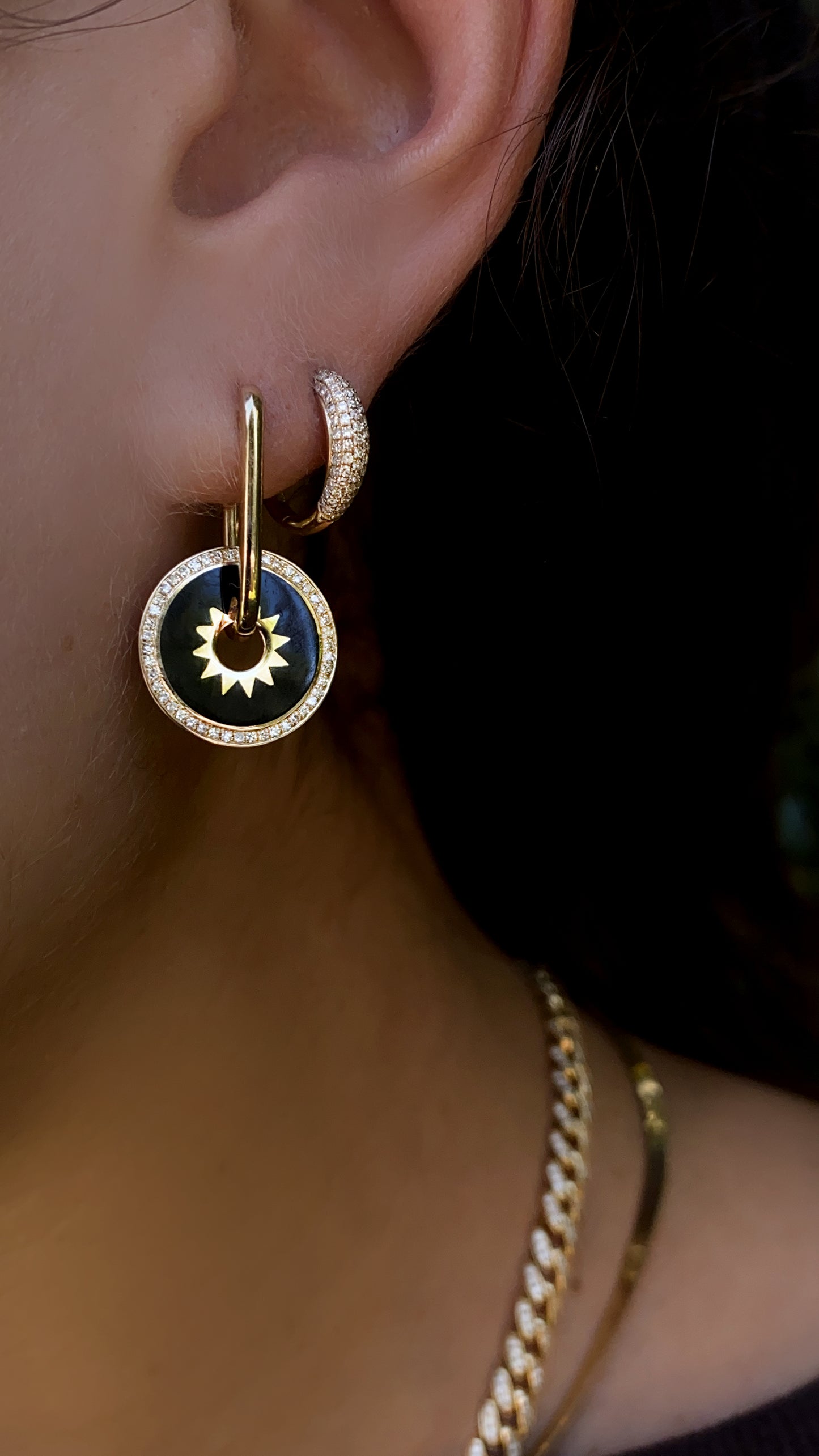 14kt gold and diamond black enamel burst disk earring